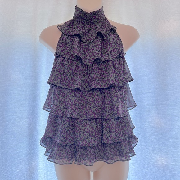 Women's Ruffled Floral Halter Top, Purple/Green, S - Picture 2 of 9